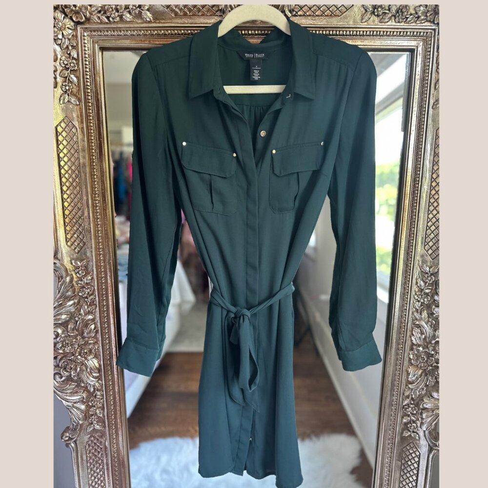White House Black Market Forest Green Button Down Shirt Dress Size 2